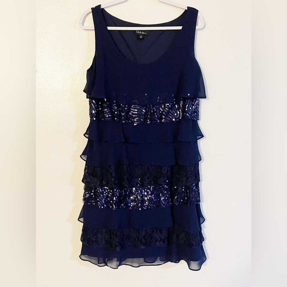 SL Fashions Navy Chiffon/Lace Sequin Tiered Cocktail Dress, Size 12